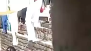 Aunty Bathing Topless in Terrace..