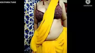 Yellow Colour Saree Indian Sexy Housewife